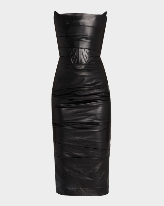 Strapless Leather Longline Corset Midi Dress
